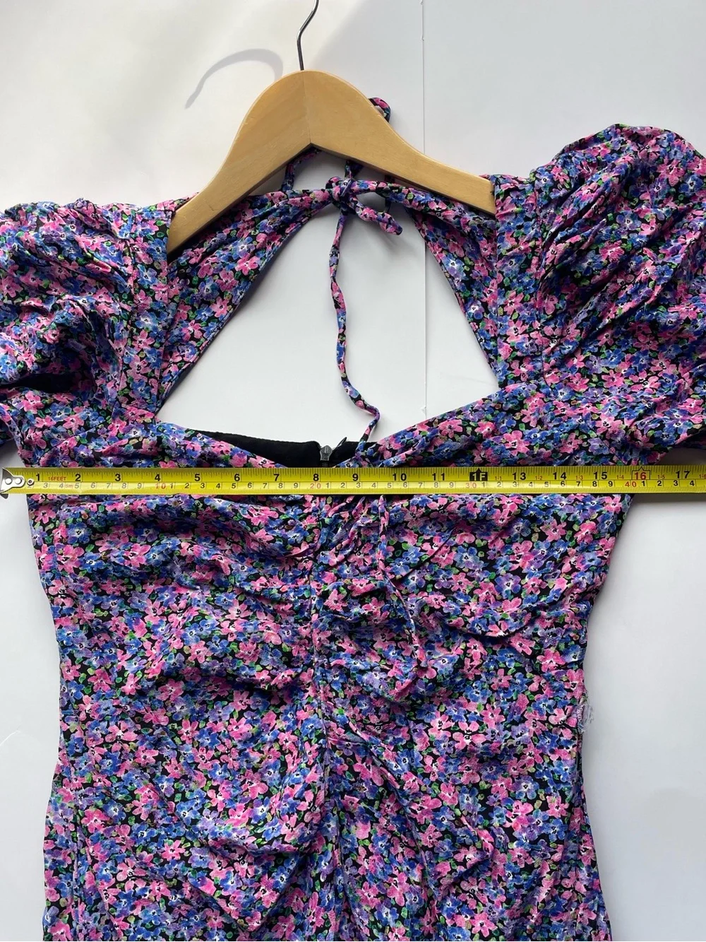 Zara Floral Ruched Midi Dress Size Medium Puff Sleeve Open Back - Picture 10 of 10